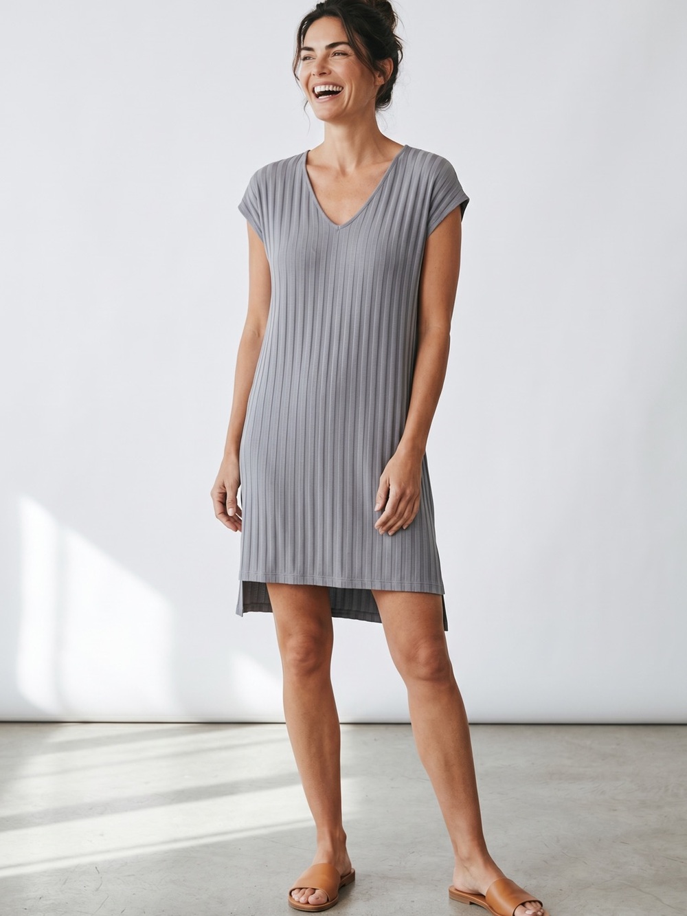 Eileen Fisher Tencel Bateau Neck sheath dress, Color Zink. Size large. GUC